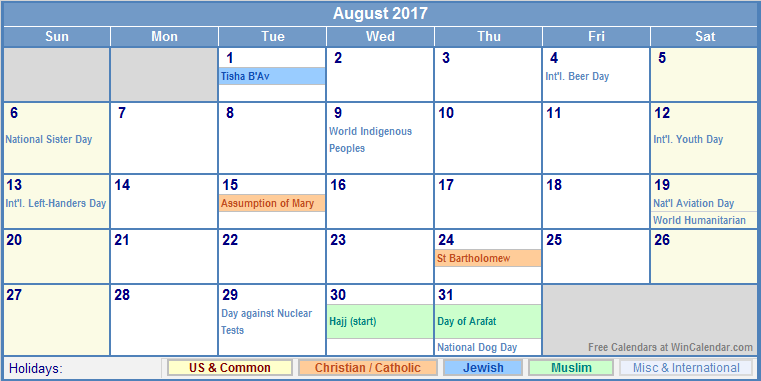 August 2017 Calendar Holiday