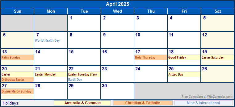 April 2025 Australia Calendar with Holidays for printing (image format)