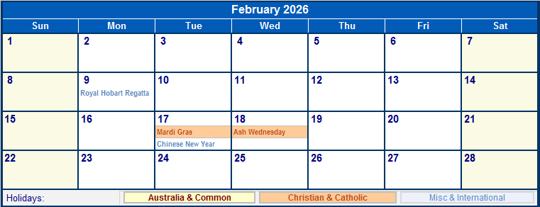 February 2026 Printable Calendar with Australia, Christian, & International Holidays