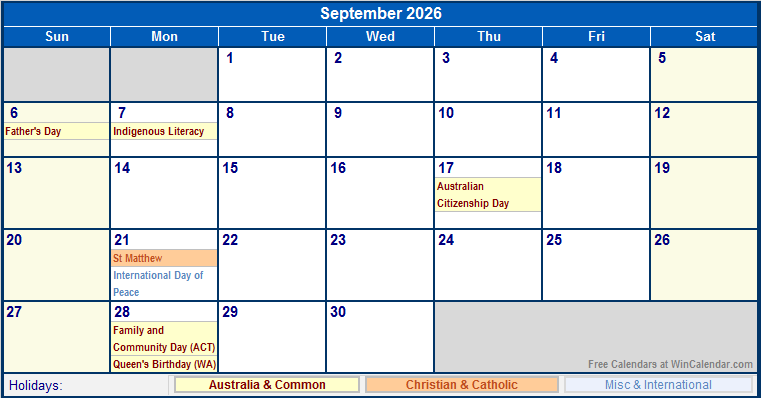 September 2026 Printable Calendar with Australia, Christian, & International Holidays