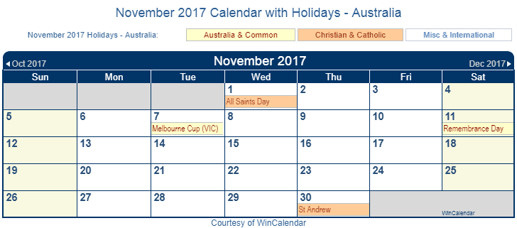 November 2017 Calendar Australia