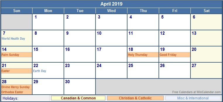 April Calendar 2019 Canada