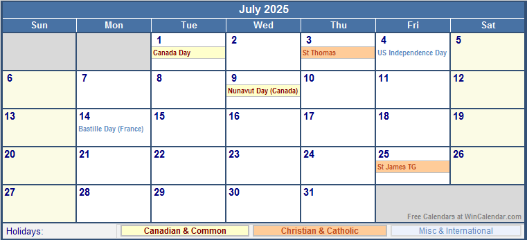 July 2025 Canada Calendar With Holidays For Printing image Format 