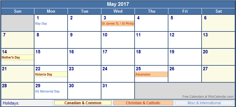 May 2017 Canada Calendar with Holidays for printing (image format)