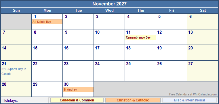 November 2027 Printable Calendar with Canada, Christian & International Holidays