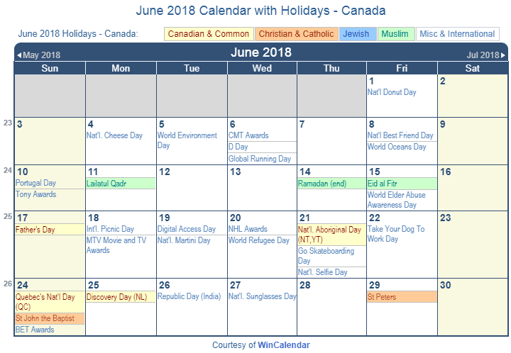 June 2018 Calendar With Holidays Canada