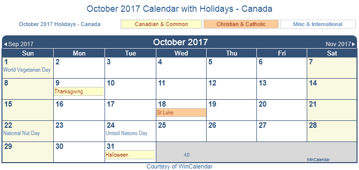Canada October 2017 Calendar