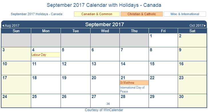 Canada September 2017 Calendar