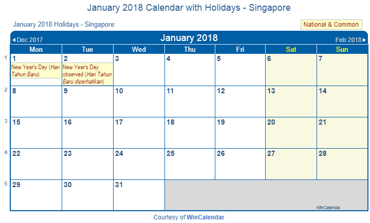 Singapore January 2018 Calendar