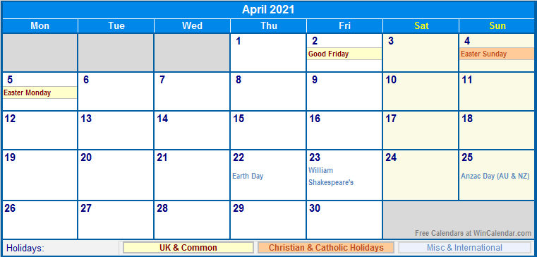 April 2021 Uk Calendar With Holidays For Printing Image Format