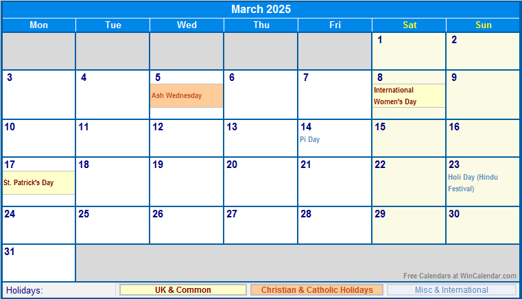 March 2025 UK Calendar With Holidays For Printing image Format 