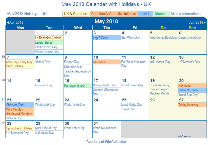 May 2018 Calendar With Holidays Uk