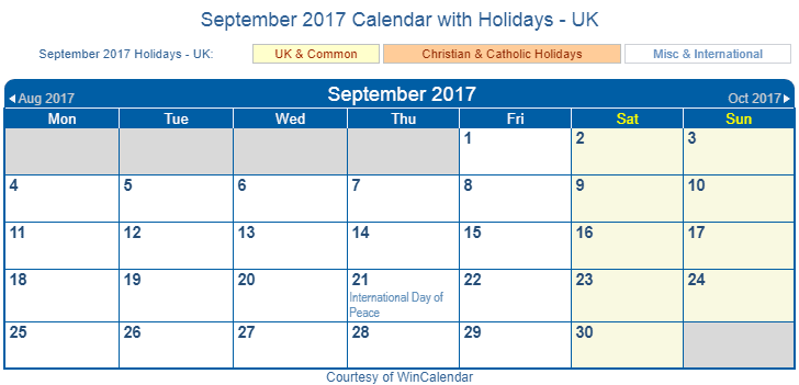 September 2017 Uk Calendar