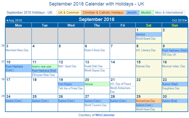 2018 September Calendar Uk