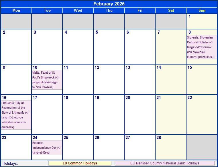 February 2026 Printable Calendar with EU common Holidays & EU Member Country National & Bank Holidays
