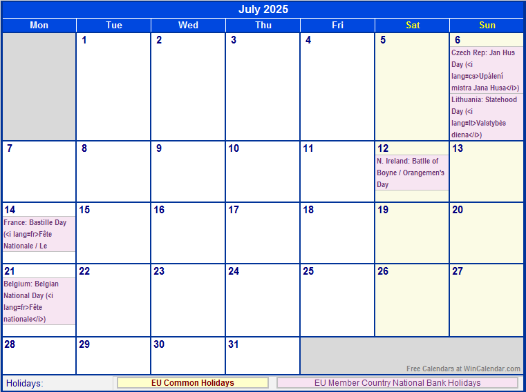 July 2025 EU Calendar with Holidays for printing (image format)