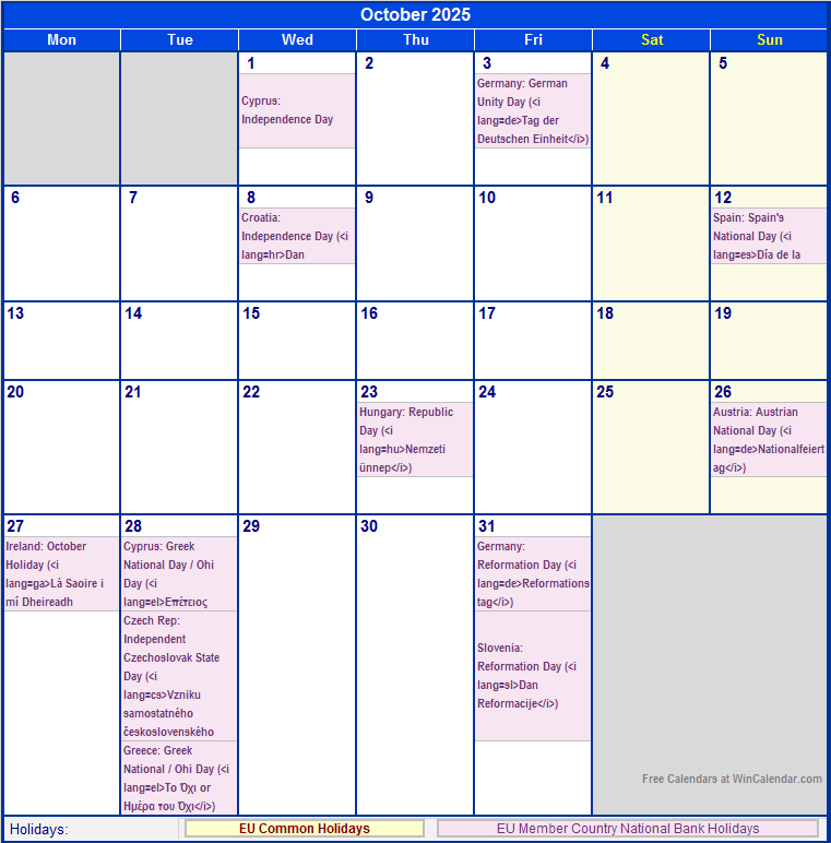 October 2025 EU Calendar With Holidays For Printing image Format 