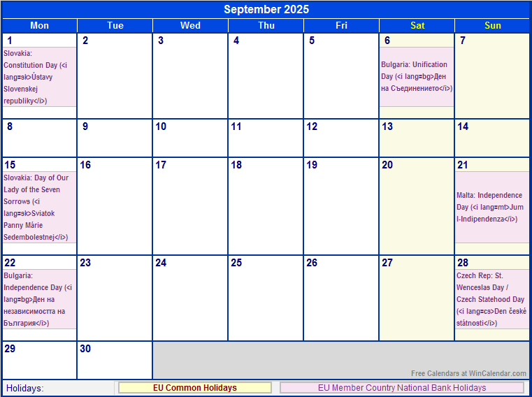 September 2025 EU Calendar with Holidays for printing (image format)