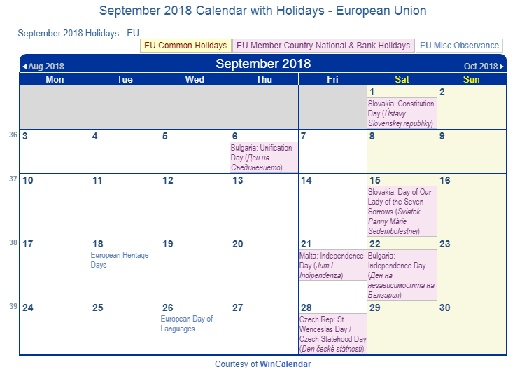 Print Friendly September 2018 EU Calendar for printing