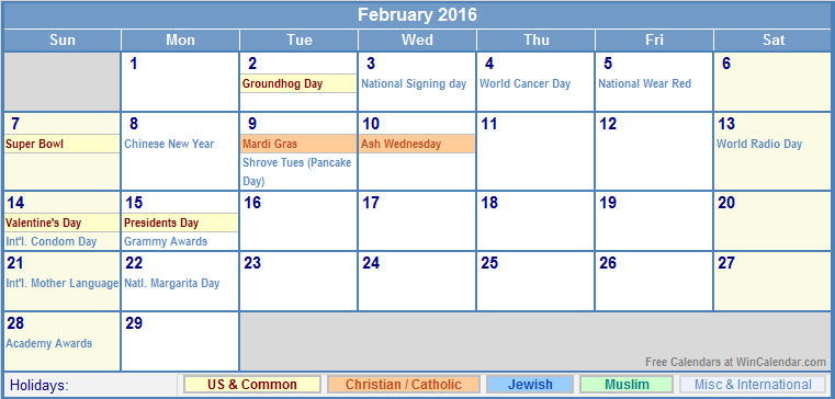February 2016 US Calendar with Holidays for printing (image format)