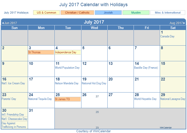 July 2017 Calendar With Holidays