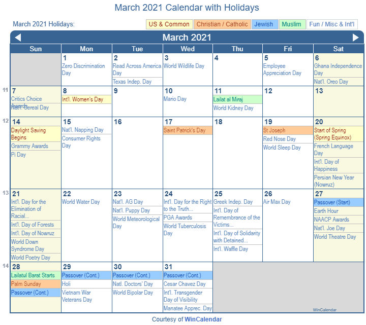Free Printable March 2021 Calendar With Holidays Riset