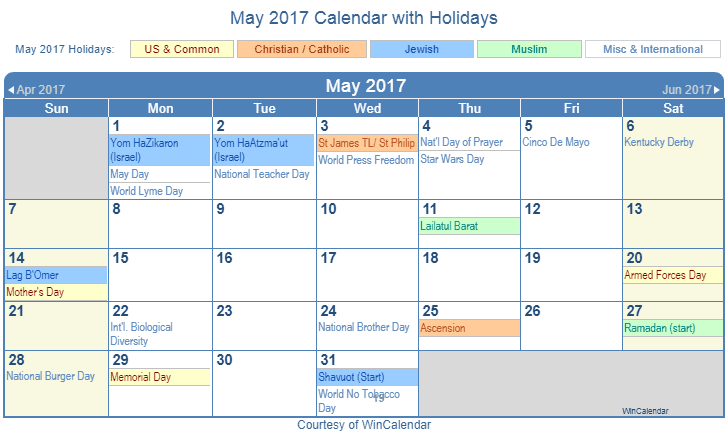 Print Friendly May 2017 US Calendar for printing