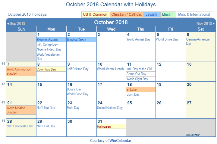 October 2018 Calendar Holidays