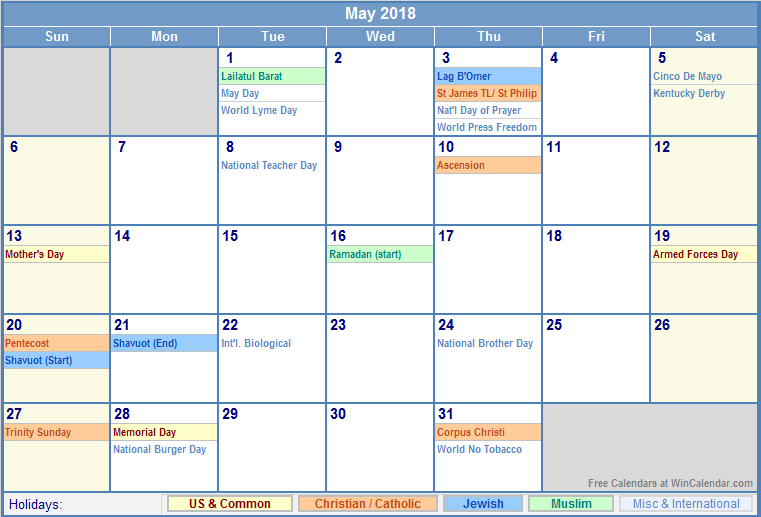 May 2018 US Calendar with Holidays for printing (image format)