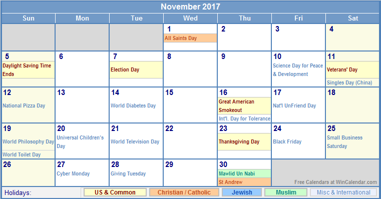 November 2017 Calendar With Holidays Usa