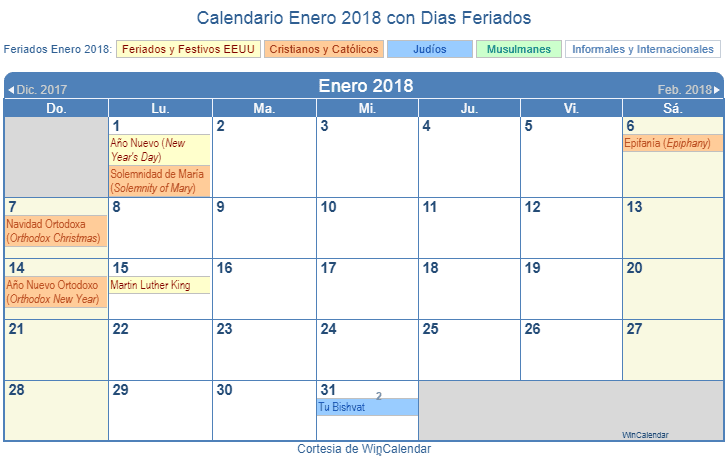 Calendario Enero 2018 Para Imprimir Estados Unidos