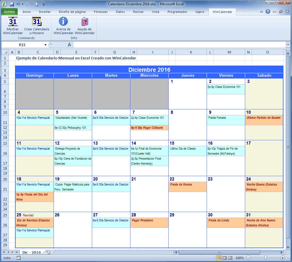 WinCalendar Creador de Calendario Excel con Días Feriados