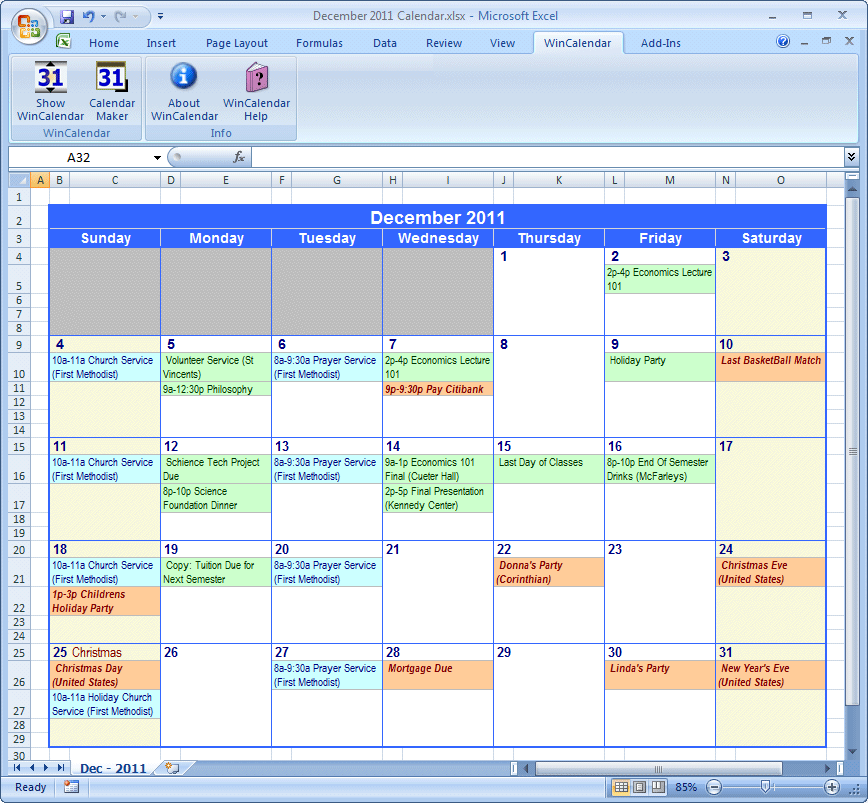 Google Calendar as Monthly Calendar in Excel.