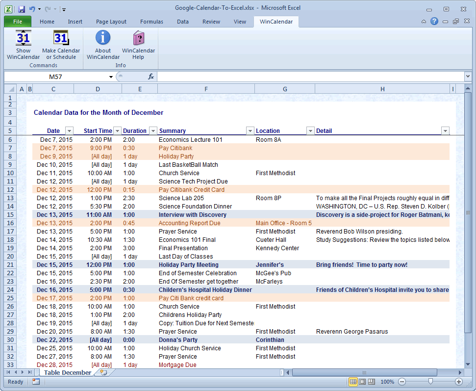 Import Google Calendar to Excel and Word