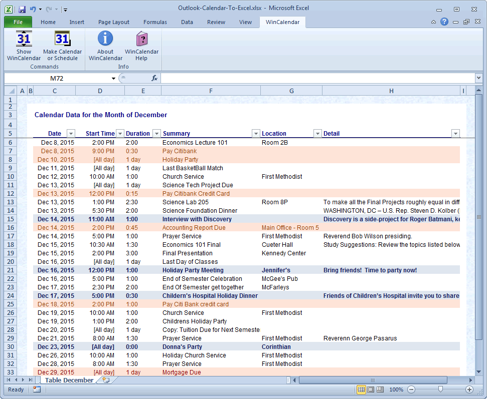 Import Outlook Calendar into Excel and Word