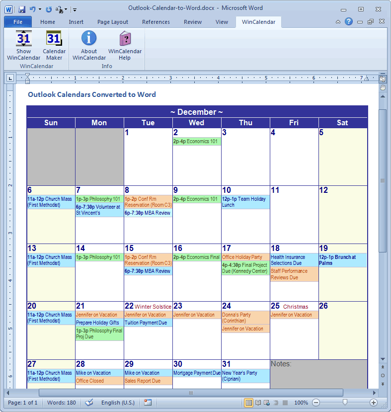 Outlook Calendar Template