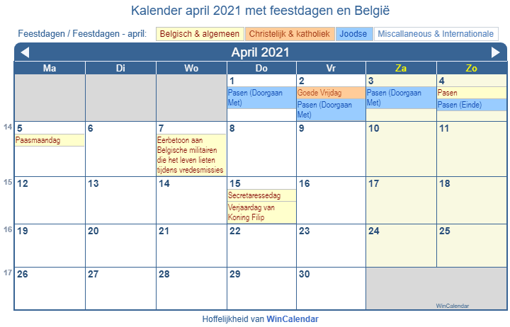 Kalender april 2021 met religieuze en overheid feestdagen (BEL)