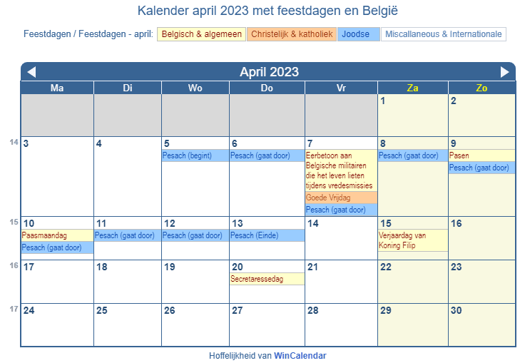 Kalender april 2023 met religieuze en overheid feestdagen (BEL)