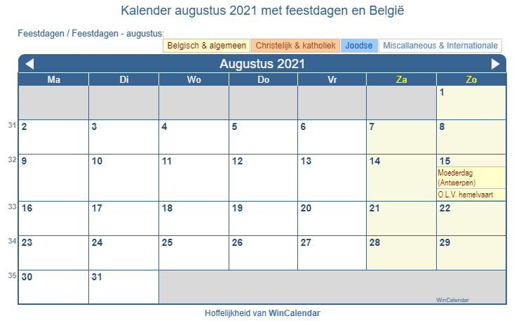 Kalender augustus 2021 met religieuze en overheid feestdagen (BEL)
