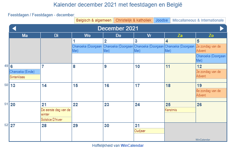 Kalender december 2021 met religieuze en overheid feestdagen (BEL)