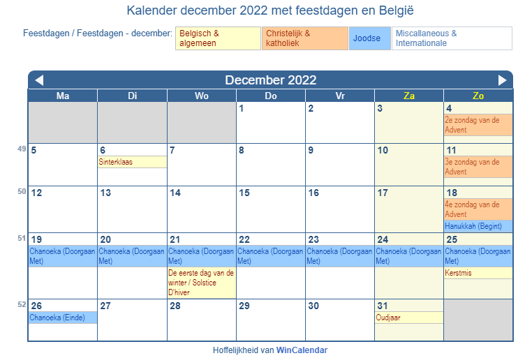 Kalender december 2022 met religieuze en overheid feestdagen (BEL)