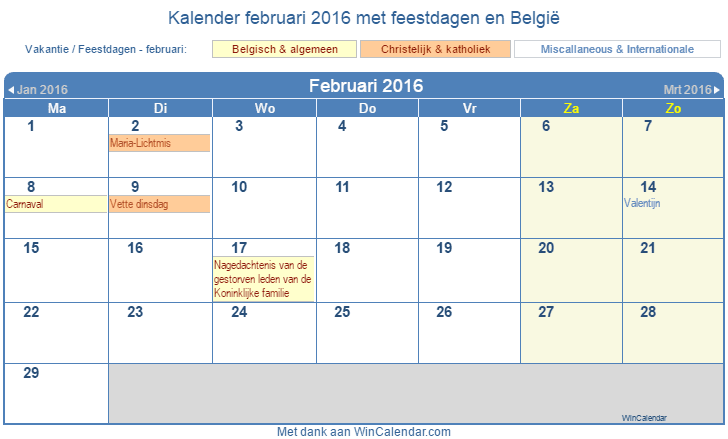 zanger vallei Beperking Kalender februari 2016 om af te drukken - Belgie