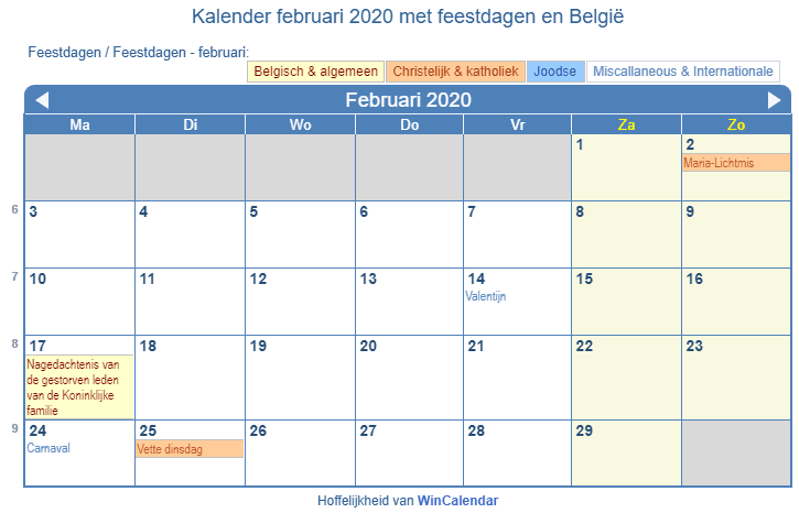 Belgie Kalender voor afdrukken februari 2020 