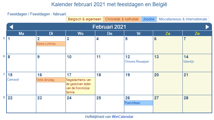 Kalender februari 2021 met religieuze en overheid feestdagen (BEL)