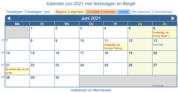 Kalender juni 2021 met religieuze en overheid feestdagen (BEL)
