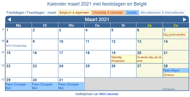 Kalender maart 2021 met religieuze en overheid feestdagen (BEL)