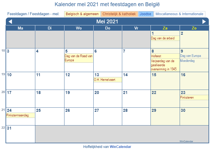 Kalender 2021 Met Feestdagen Belgie Kalender Voor Afdrukken Mei 2021