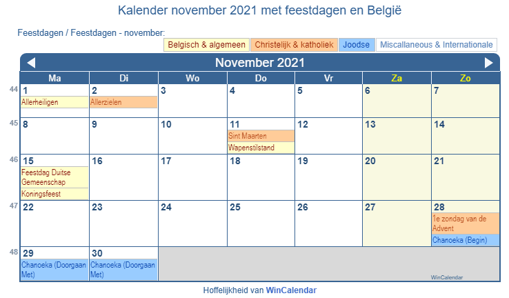 Kalender november 2021 met religieuze en overheid feestdagen (BEL)