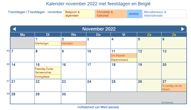 Kalender november 2022 met religieuze en overheid feestdagen (BEL)