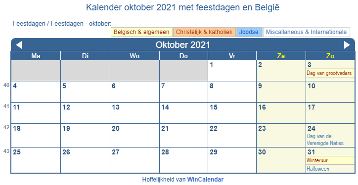 Kalender oktober 2021 met religieuze en overheid feestdagen (BEL)